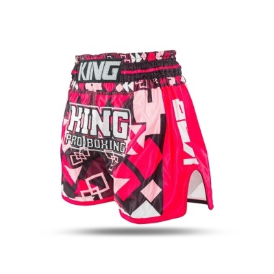 Calções de boxe KING PRO BOXING com padrão geométrico e cores vermelho, rosa, preto e branco