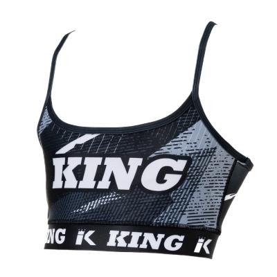 Top desportivo feminino preto e cinza com a palavra KING em branco