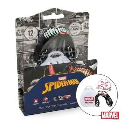 Protetor bucal Marvel Spider-Man preto com dentes verdes e vermelhos e estojo branco em embalagem