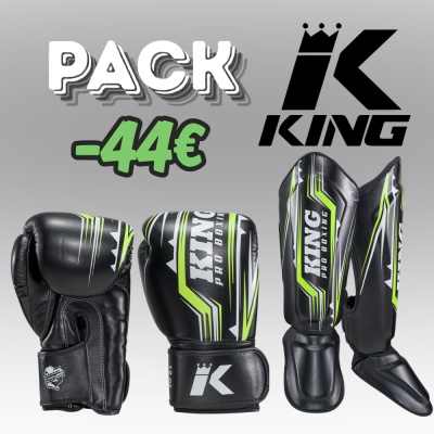 Luvas e caneleiras de boxe King Pro Boxing em preto e verde com texto e logotipos visíveis