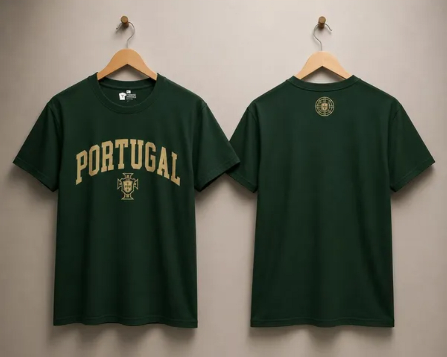 T-shirts verdes com texto Portugal e brasão penduradas em cabides