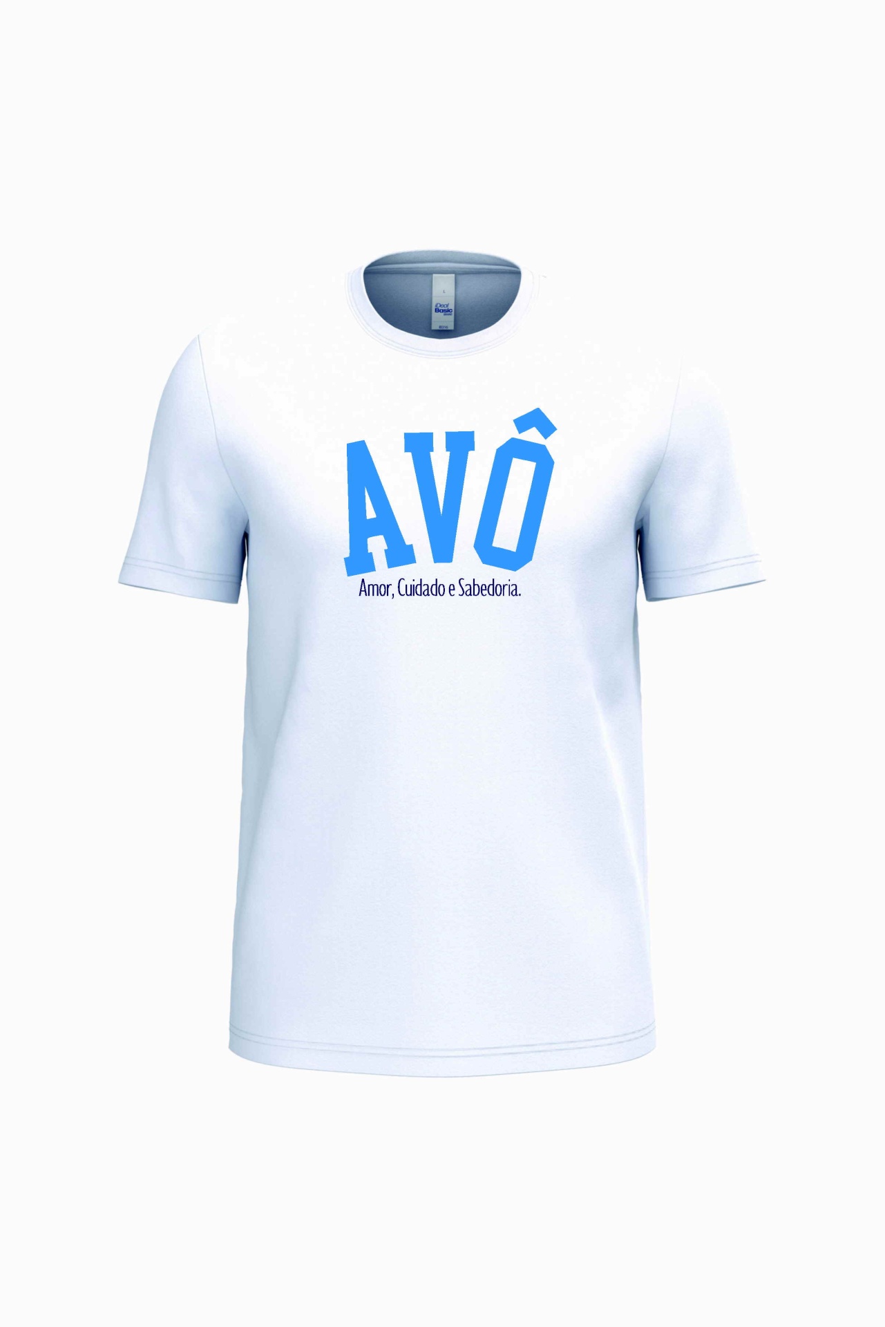 T-shirt branca com texto azul AVÔ e pequeno texto preto em baixo.
