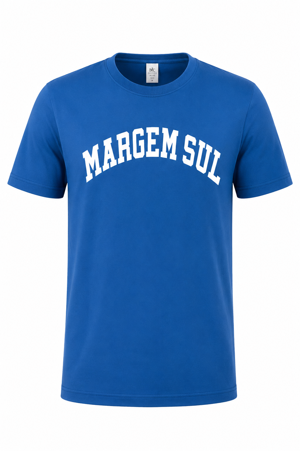T-shirt azul com texto branco MARGEM SUL no peito