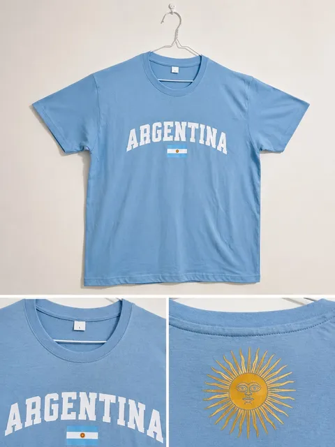 T-shirt azul clara com texto ARGENTINA e bandeira na frente, sol amarelo nas costas
