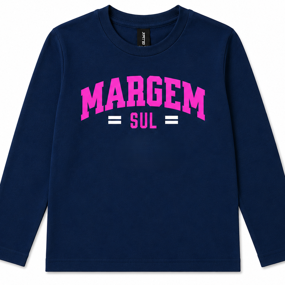 Camisola azul escura com texto rosa e branco MARGEM SUL