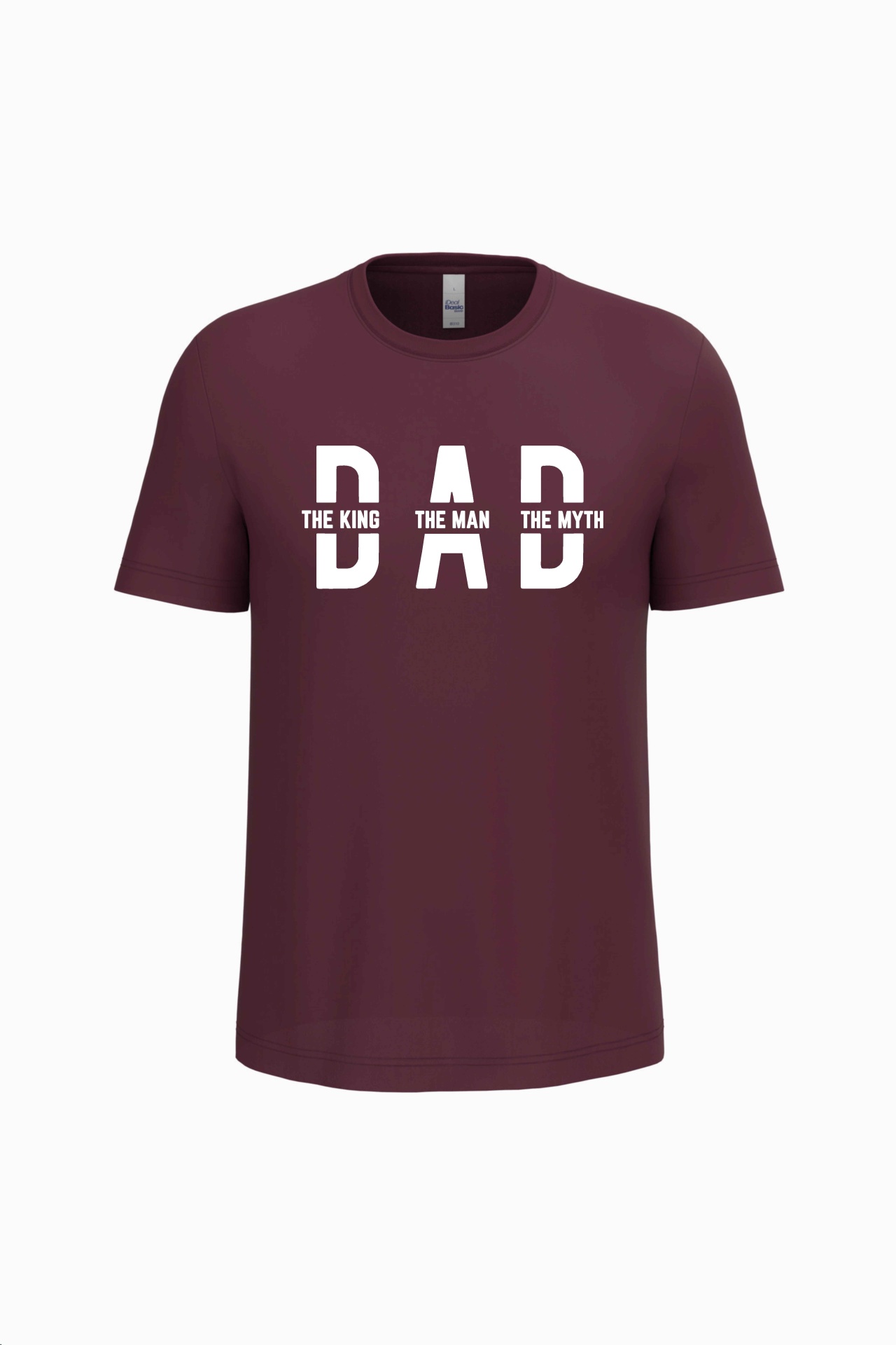 T-shirt bordeaux com texto branco DAD e frases associadas no peito