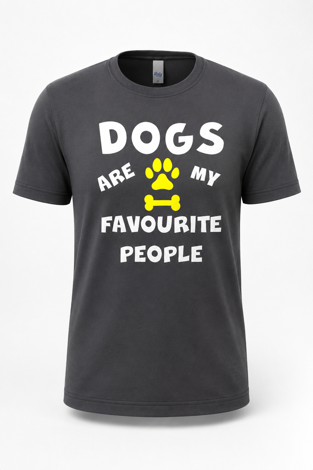 T-shirt cinzenta com texto e imagens em branco e amarelo