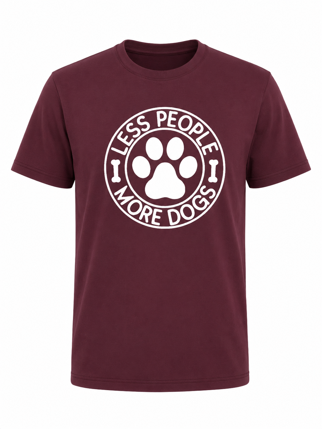 T-shirt vinho com estampa branca de pata de cão e texto