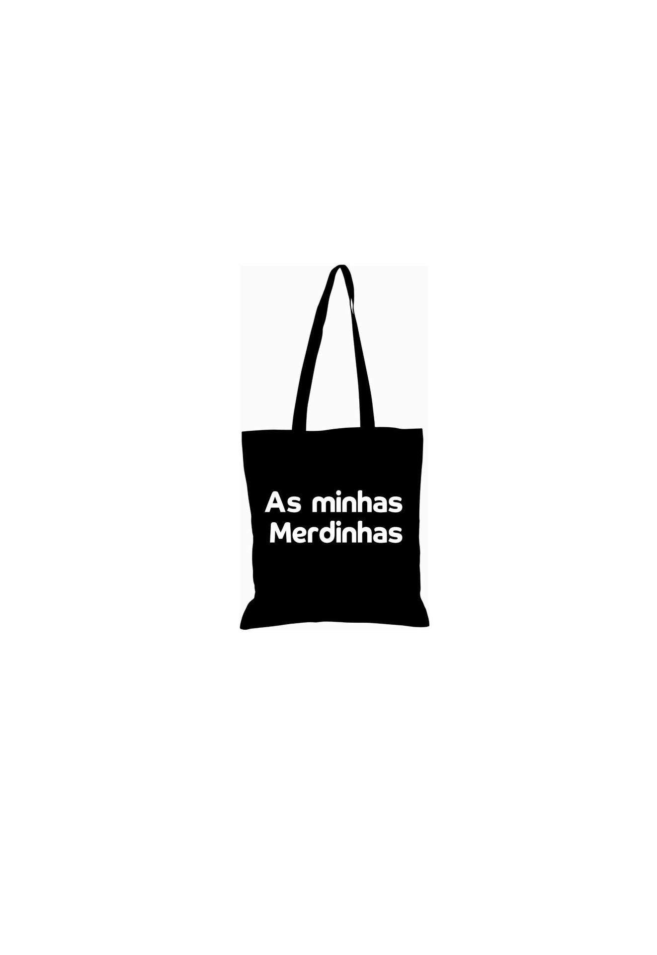 Mala de pano preta com texto branco As minhas Merdinhas