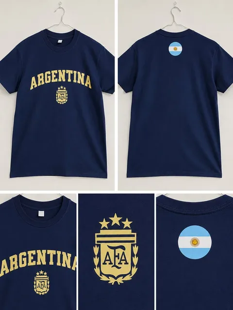 T-shirt azul escura com texto ARGENTINA e brasão AFA na frente e bandeira da Argentina nas costas