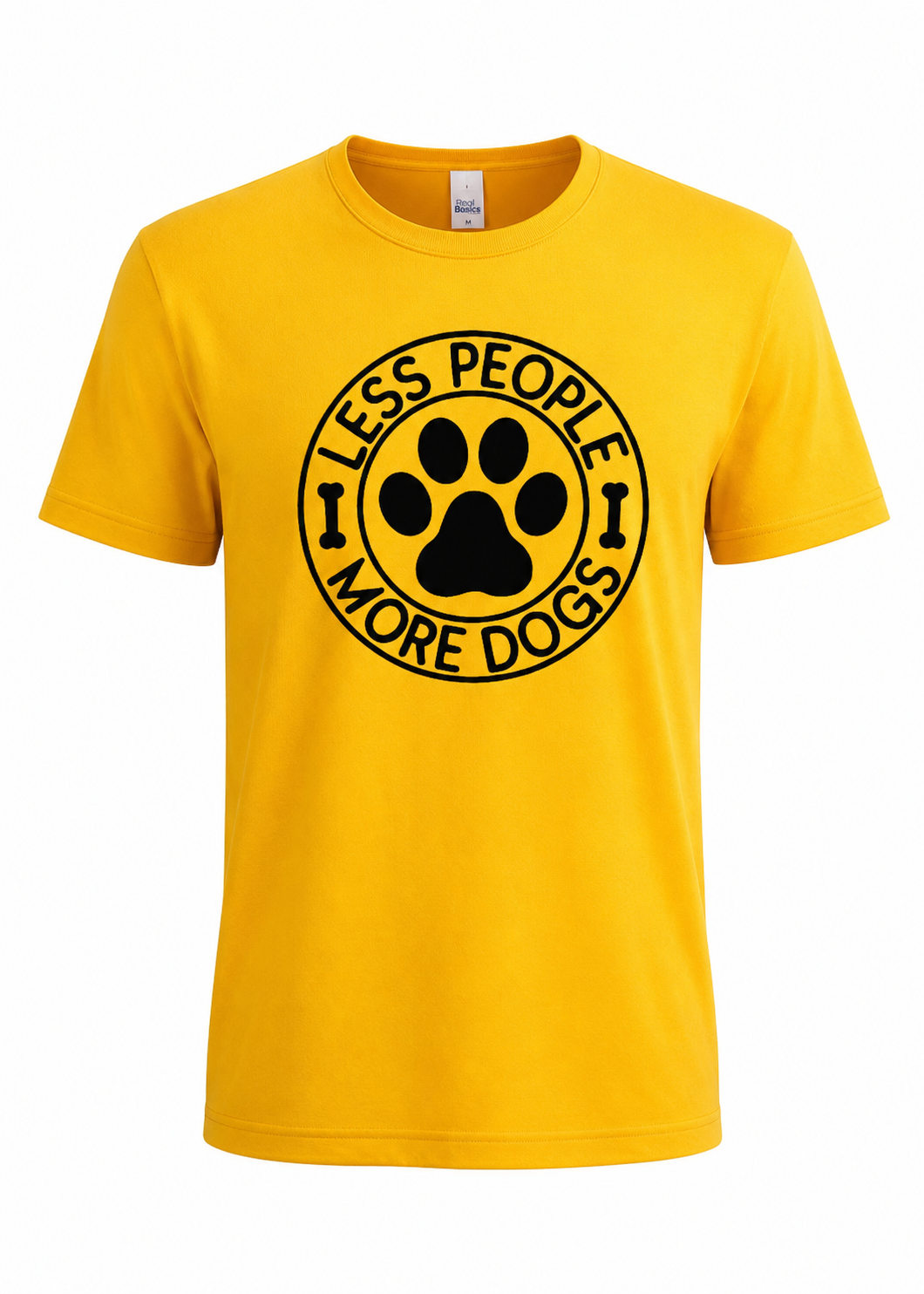 T-shirt amarela com estampado de pata de cão e texto em preto