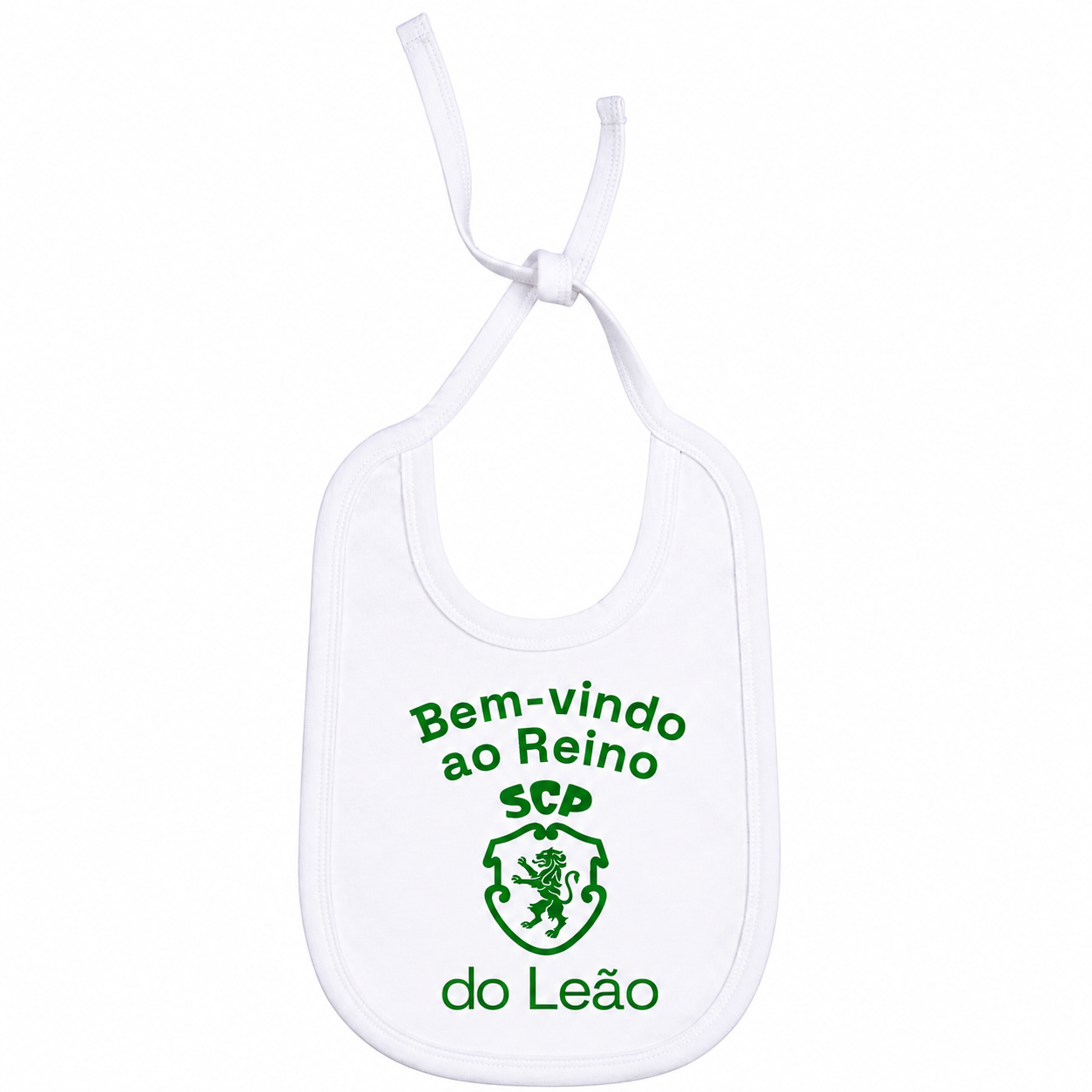 Babete branco com texto e logótipo verde