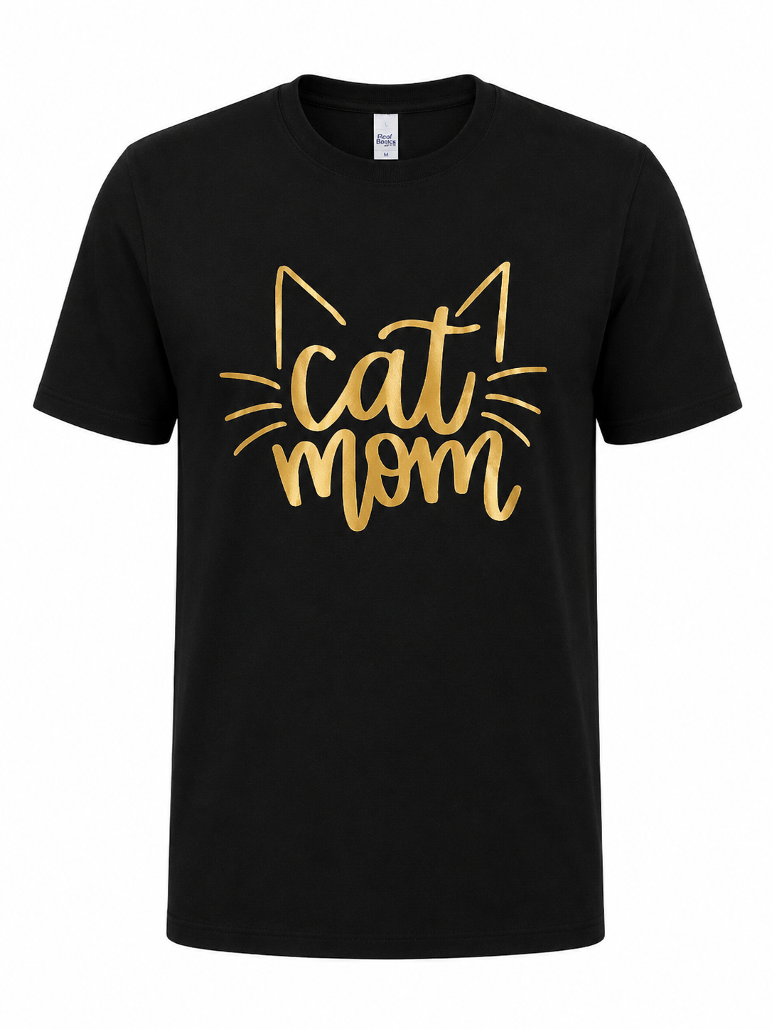 T-shirt preta com texto dourado cat mom e desenho de gato