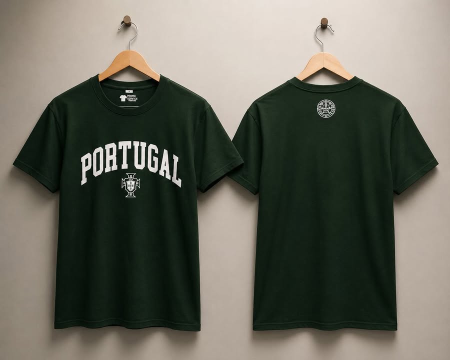 T-shirt verde escura com texto Portugal e brasão em branco, vista frontal e traseira
