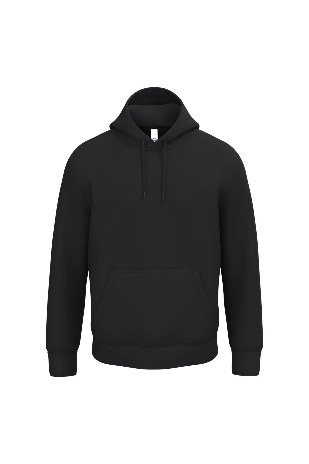 Sweatshirt preta com capuz e bolso frontal.