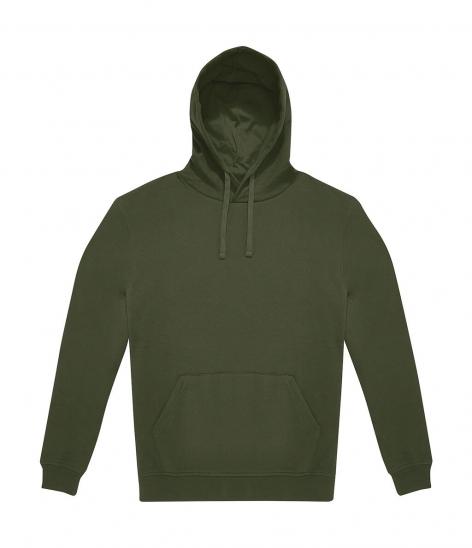 Sweatshirt com capuz verde-oliva e bolso frontal sobre fundo branco