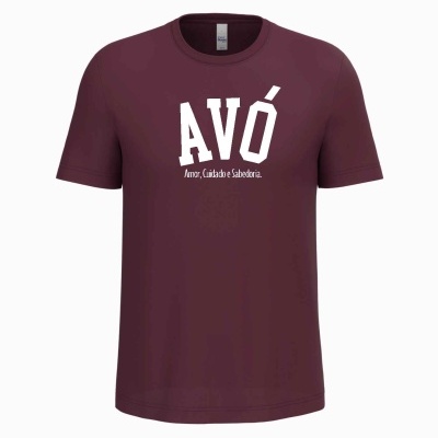 T-shirt roxa escura com texto branco AVÓ e frase em português.