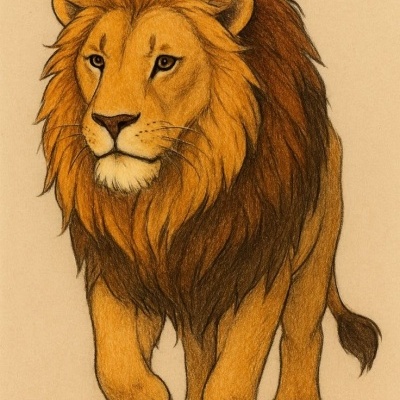Desenho realista de leão com crina castanha e dourada
