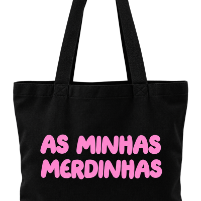 Saco de tecido preto com frase cor de rosa
