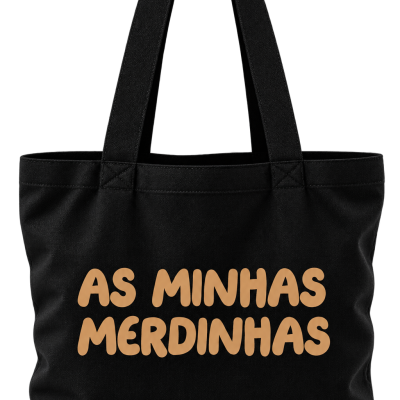 Saco de tecido preto com texto castanho AS MINHAS MERDINHAS