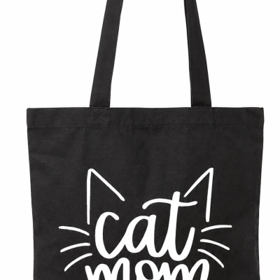 Saco de tecido preto com design branco cat mom e orelhas de gato
