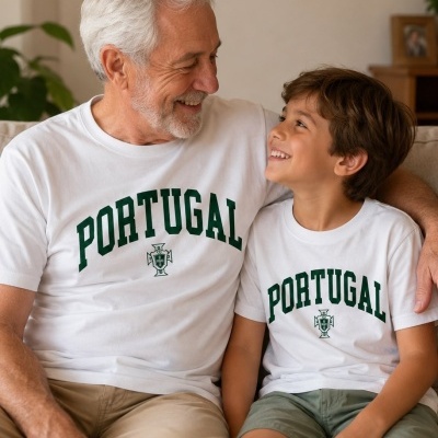 Duas t-shirts brancas com texto Portugal e emblema verde escuro, usadas por homem e menino sentados num sofá