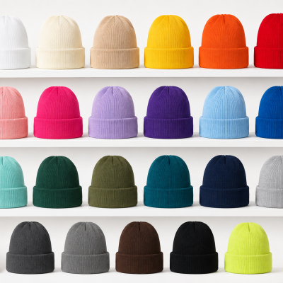 Várias boinas coloridas de malha organizadas em prateleiras com objetos decorativos