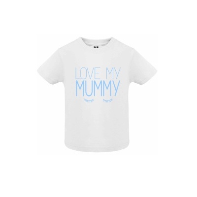 Camisola branca para criança com texto azul LOVE MY MUMMY e desenhos de pestanas.