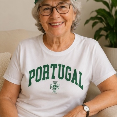 Mulher idosa sorrindo com t-shirt branca e boné verde com a inscrição PORTUGAL sentada num sofá.