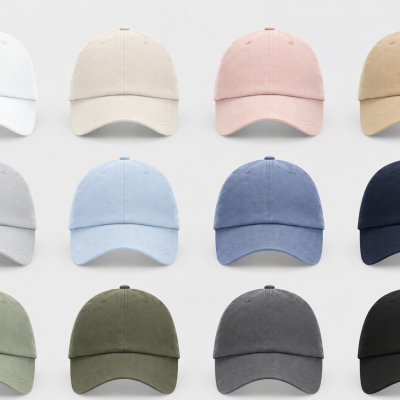 Doze bonés em cores sólidas organizados em linhas e colunas sobre fundo branco
