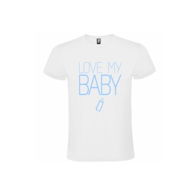 T-shirt branca com texto azul claro e imagem de biberão