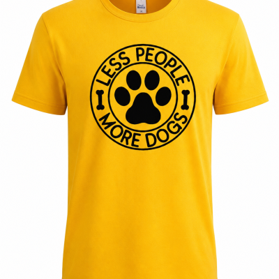 T-shirt amarela com estampado de pata de cão e texto em preto