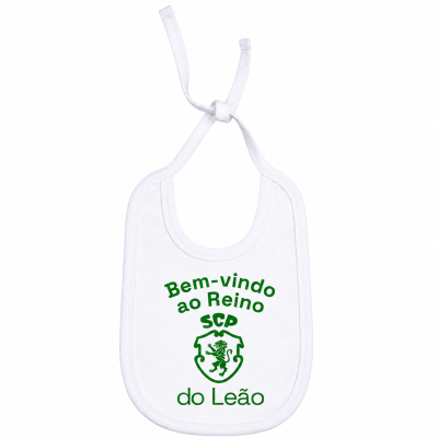Babete branco com texto e logótipo verde
