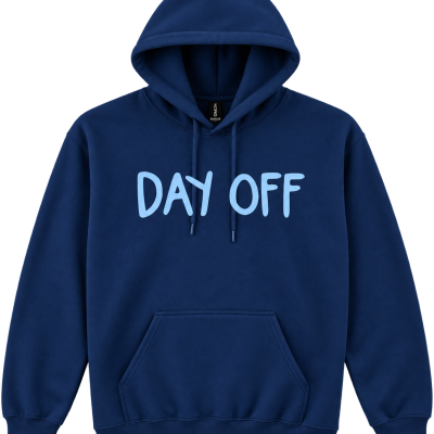 Sweatshirt com capuz azul escuro com texto DAY OFF azul claro
