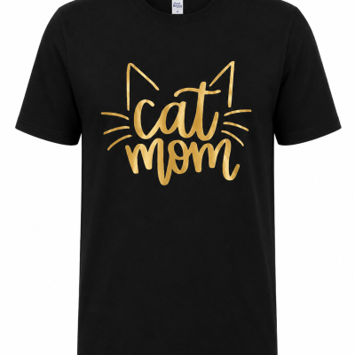 T-shirt preta com texto dourado cat mom e desenho de gato