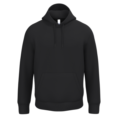 Sweatshirt preta com capuz e bolso frontal.
