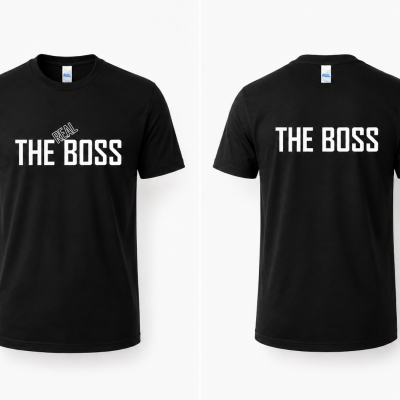 Camiseta preta com texto branco THE REAL BOSS na frente e THE BOSS nas costas