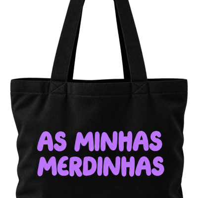 Mala preta com texto lilás AS MINHAS MERDINHAS