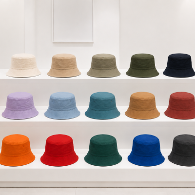 Chapéus bucket de diversas cores expostos em prateleiras brancas