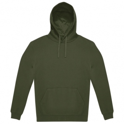 Sweatshirt com capuz verde-oliva e bolso frontal sobre fundo branco