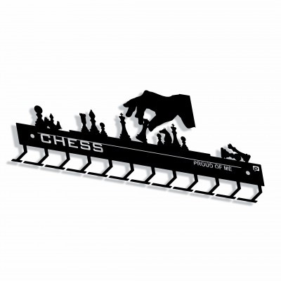 Suporte de parede preto com design de xadrez e texto CHESS e PROUD OF ME