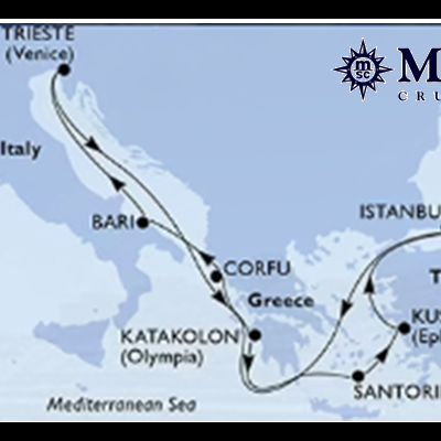 Mapa da rota de cruzeiro MSC Cruises no mar Mediterrâneo com cidades marcadas.