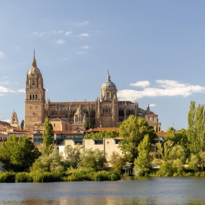 Catedral de Salamanca vista do rio com árvores e céu azul