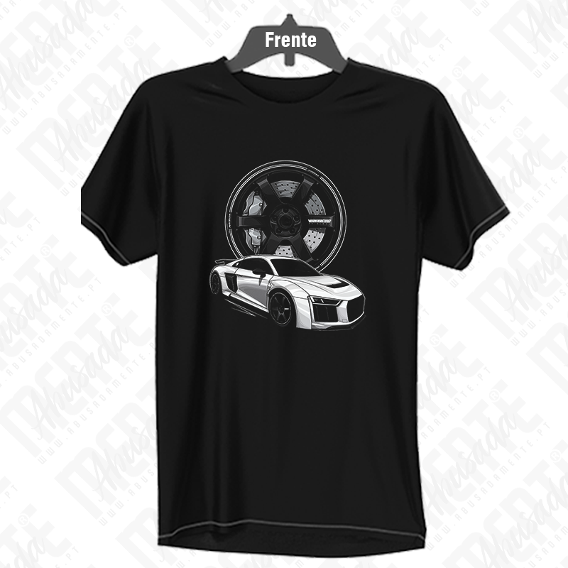 Audi R8 T-shirt preta com estampa de carro desportivo branco e roda preta