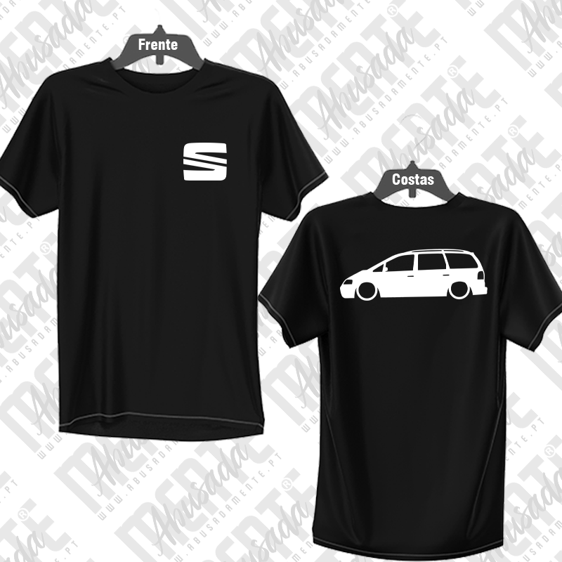 Seat Alhambra T-shirt preta com logótipo branco na frente e silhueta de carrinha branca nas costas