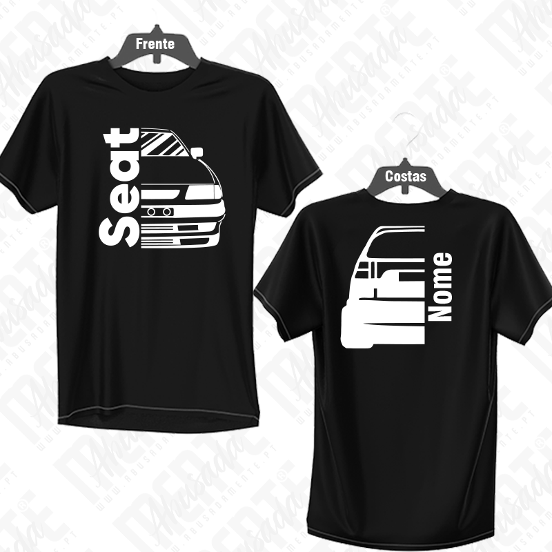 Seat Ibiza 6K T-shirt preta com estampas brancas de carro e textos Seat e Meu Nome