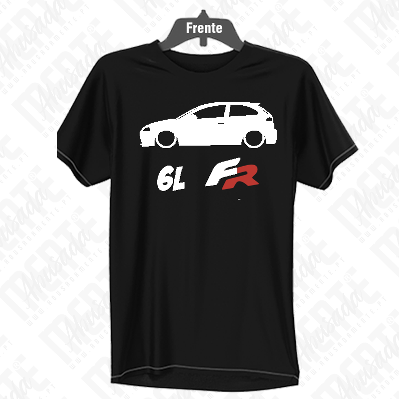 Seat Ibiza 6L FR T-shirt preta com desenho branco de carro e texto 6L FR