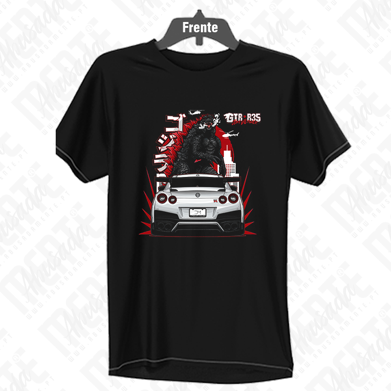 Nissan Skyline R35 T-shirt preta com estampado de Godzilla e carro GTR R35