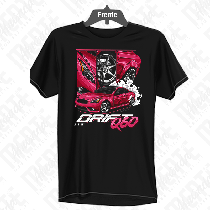 Drift T-shirt preta com estampa de carro vermelho e texto DRIFT Q60