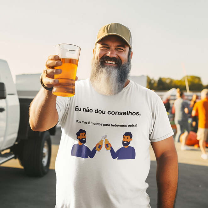 Eu não dou conselhos, dou mas é motivos para bebermos outra! Homem com camisola branca com texto e imagem brindando com copo de cerveja